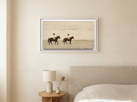 Two Riders Crossing Wide Canvas — Original Palette-Knife Oil, Chocolate & Cream — original hand-painted oil shown on the wall in a styled room