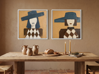 Red-Lipped Woman in a Wide Hat — Set of 2 Original Oils, Teal & Ochre — original hand-painted oil shown on the wall in a styled room