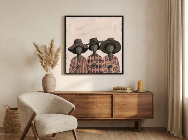 Three Women in Hats Wall Art — Original Palette-Knife Oil, Mauve & Charcoal