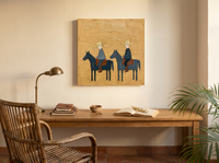 Two Riders on Horseback Wall Art — Original Palette-Knife Oil, Slate Blue & Ochre — original hand-painted oil shown on the wall in a styled room