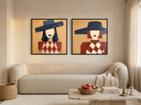 Red-Lipped Woman in a Wide Hat — Set of 2 Original Oils, Navy & Vermilion — original hand-painted oil shown on the wall in a styled room