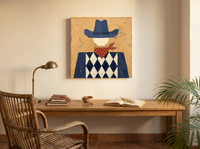 Harlequin Cowboy Wall Art — Original Palette-Knife Oil, Navy & Ochre — original hand-painted oil shown on the wall in a styled room
