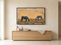 Two Grazing Horses Wide Wall Art — Original Palette-Knife Oil, Navy & Golden Ochre — original hand-painted oil shown on the wall in a styled room