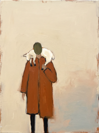 Oil painting of a hunched old man in a rust coat with an olive-grey head, leaning on a cane and scattering crumbs to dark pigeons on a cream ground.