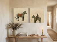 Standing Horse & Small Rider — Set of 2 Original Oils, Olive & Rust — original hand-painted oil shown on the wall in a styled room