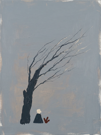Oil painting of a windswept near-black bare tree, trunk at the lower left and branches sweeping right, a small pale-headed figure and an oxblood-red shape at its foot, on a slate blue-grey sky.