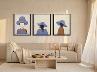 Three Women in Hats Triptych — 3 Original Oils, Periwinkle — original hand-painted oil shown on the wall in a styled room