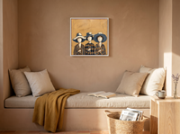 Three Women in Hats Wall Art — Original Palette-Knife Oil, Ochre & Navy — original hand-painted oil shown on the wall in a styled room