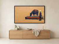Cowgirl and Horse at the Trough Wide Wall Art — Original Palette-Knife Oil, Navy & Vermilion — original hand-painted oil shown on the wall in a styled room
