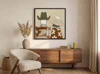 Cowboy & Cowgirl from Behind Wall Art — Original Palette-Knife Oil, Olive & Cream — original hand-painted oil shown on the wall in a styled room