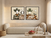 Cowboy & Cowgirl, Front & Back — Set of 2 Original Oils, Olive & Sienna — original hand-painted oil shown on the wall in a styled room