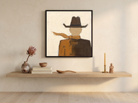 Cowboy from Behind Wall Art — Original Palette-Knife Oil, Espresso & Caramel — original hand-painted oil shown on the wall in a styled room