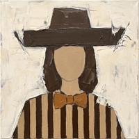 Oil painting of a cowgirl in a chocolate hat with a wide flat angular brim, a tan face, gold bow and chocolate-and-tan striped body, on a cream ground.