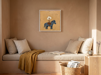 Child on a Pony Wall Art — Original Palette-Knife Oil, Slate Blue & Ochre — original hand-painted oil shown on the wall in a styled room