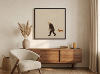 Man Walking His Dachshund Wall Art — Original Oil, Brown & Cream — original hand-painted oil shown on the wall in a styled room