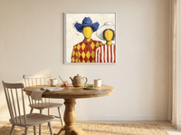 Cowboy & Cowgirl Couple Wall Art — Original Palette-Knife Oil, Cobalt & Red — original hand-painted oil shown on the wall in a styled room