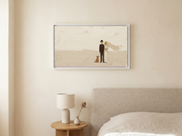 Wedding Couple & Dog Wide Wall Art — Original Palette-Knife Oil, Chocolate & Cream — original hand-painted oil shown on the wall in a styled room