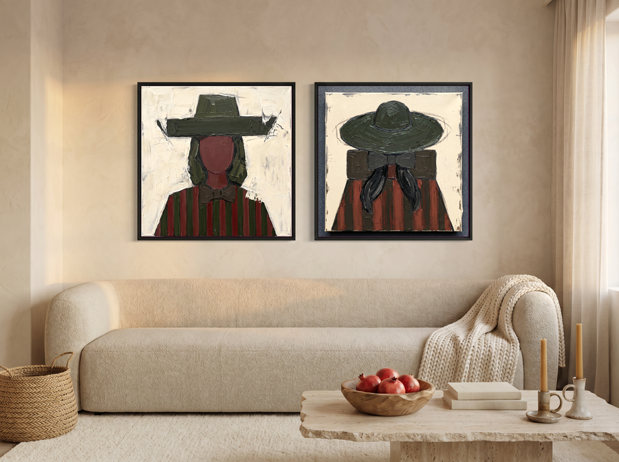 Cowgirls Turning Toward Each Other — Set of 2 Original Oils, Olive & Oxblood