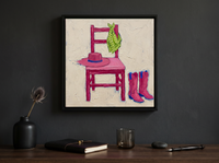 Cowboy Chair Still Life Wall Art — Original Palette-Knife Oil, Pink & Lime — original hand-painted oil shown on the wall in a styled room