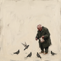 Original oil painting of a hunched bald old man in a dark olive coat scattering crumbs from a paper bag to five charcoal-grey pigeons, on a cream ground