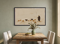Shepherd and Flock Wide Wall Art — Original Oil Landscape, Chocolate & Rust — original hand-painted oil shown on the wall in a styled room