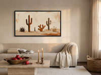 Desert Cacti Row Wide Wall Art — Original Palette-Knife Oil, Chocolate & Rust — original hand-painted oil shown on the wall in a styled room