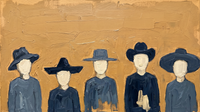 Original wide oil painting of five front-facing figures in slate-navy coats and assorted hats with blank cream faces on a golden ochre ground, one holding a pale book