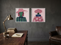 Hatted Woman, Front and Back — Set of 2 Original Oils, Rose & Emerald — original hand-painted oil shown on the wall in a styled room
