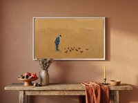 Man Feeding Pigeons Wide Wall Art — Original Oil Landscape, Golden Ochre & Navy — original hand-painted oil shown on the wall in a styled room