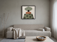 Lady in a Daisy Shirt Wall Art — Original Palette-Knife Oil, Sage & Terracotta — original hand-painted oil shown on the wall in a styled room