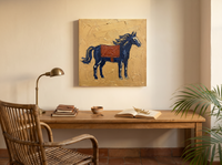 Standing Horse Wall Art — Original Palette-Knife Oil, Navy & Rust — original hand-painted oil shown on the wall in a styled room