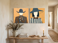 Cowboy & Wide-Brim Lady — Set of 2 Original Oils, Ochre & Slate Blue — original hand-painted oil shown on the wall in a styled room