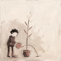 Original oil painting of a small rose-brown figure tipping a terracotta watering can toward a tall thin potted plant on a soft mauve ground