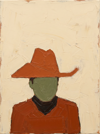 Heavy impasto oil portrait of a cowboy face-on under a large angular rust hat, an olive-grey blank face and a rust shirt, on a cream ground.