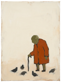 Oil painting of a hunched old man in a rust coat with an olive-grey head, leaning on a cane and scattering crumbs to dark pigeons on a cream ground.