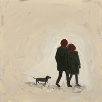 Original oil painting of a couple seen from behind in dark olive coats with oxblood-red heads, a tan dachshund at their side, on a cream ground