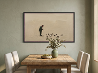 Man Feeding Pigeons Wide Wall Art — Original Oil Landscape, Dark Olive & Slate — original hand-painted oil shown on the wall in a styled room