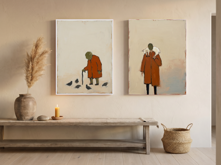 Pigeon-Feeder & Shepherd — Set of 2 Original Oils, Rust & Olive