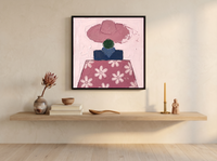 Lady in a Daisy Shirt Wall Art — Original Palette-Knife Oil, Mauve & Navy — original hand-painted oil shown on the wall in a styled room