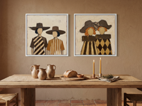 Women in Wide-Brim Hats — Set of 2 Original Oils, Chocolate & Tan — original hand-painted oil shown on the wall in a styled room