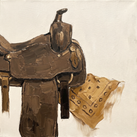 Original oil painting of a large chocolate-brown leather western saddle with a raised horn and a folded golden-tan diamond bandana at its base, on a cream ground