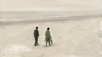 Original wide oil painting of two figures on a misty grey-green beach, the woman in a sage coat holding a furled umbrella, footprints trailing