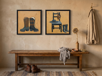 Cowboy Boots & Hat — Set of 2 Original Oils, Ochre & Navy — original hand-painted oil shown on the wall in a styled room
