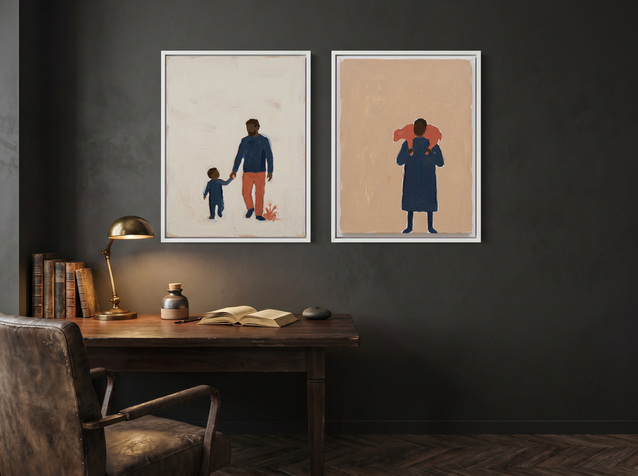 Father & Child with Shepherd — Set of 2 Original Oils, Indigo & Coral