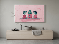 Three Women with Wine Wide Wall Art — Original Palette-Knife Oil, Pink & Emerald — original hand-painted oil shown on the wall in a styled room
