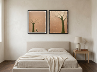 Mirrored Bare Trees — Set of 2 Original Oils, Moss on Clay — original hand-painted oil shown on the wall in a styled room