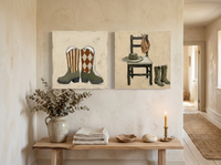 Cowboy Boots & Hat — Set of 2 Original Oils, Olive & Sienna — original hand-painted oil shown on the wall in a styled room