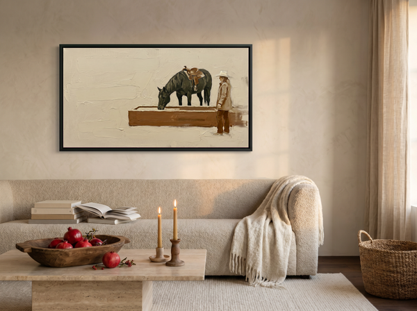 Cowgirl and Horse at the Trough Wide Wall Art — Original Palette-Knife Oil, Olive & Burnt Sienna