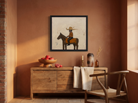 Cowboy on Horseback Wall Art — Original Palette-Knife Oil, Brown & Rust — original hand-painted oil shown on the wall in a styled room