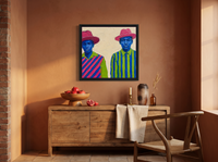 Two Figures in Hats Wall Art — Original Palette-Knife Oil, Pink & Cobalt — original hand-painted oil shown on the wall in a styled room